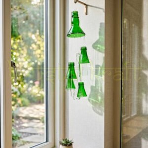 Upcycled glass bottle wind chime handmade by Krystal Kraft artist — unique home decor