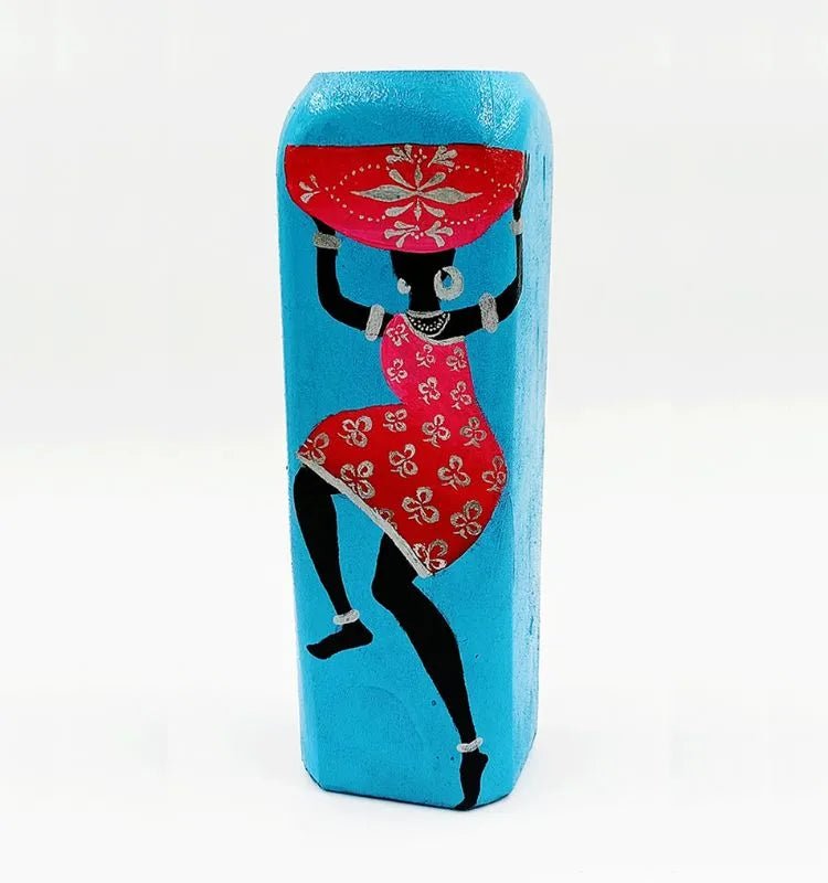 Elegant African Lady Vase hand-painted on a recycled glass bottle using acrylic paints and Liquitex finish — a sustainable, handmade décor piece from Krystal Kraft.