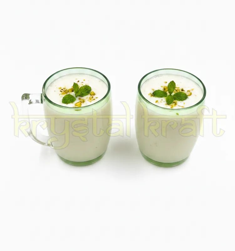 Creative upcycled green glass bottle mug by Krystal Kraft used for milkshakes, smoothies, juice serving, and modern café décor styling.
