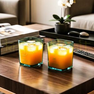 Elegant pair of blue upcycled Bombay Sapphire glasses crafted from recycled bottles.