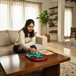 Top view of the classic wooden Brainvita strategy board game featuring arranged marbles for smart puzzle play.