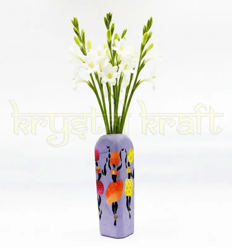 Upcycled glass bottle hand-painted with a colorful Dancing African Lady design — an artistic and sustainable home décor accent perfect for tables, shelves, or gifting.