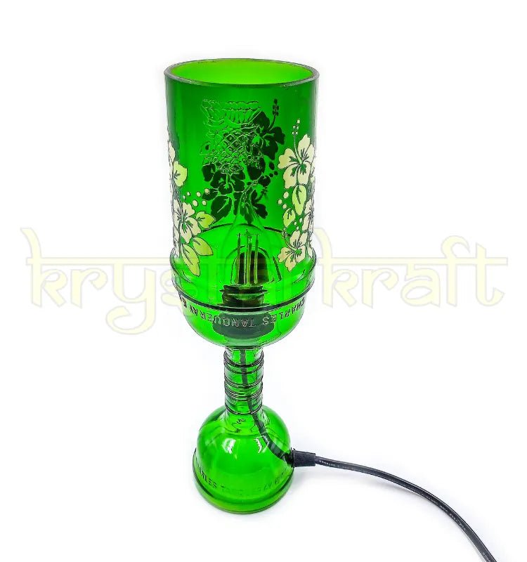 Upcycled decorative bottle table lamp made from green Tanqueray glass bottle