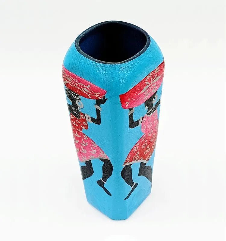 Eco-friendly African Lady Vase handcrafted by artist Farisa Merchant on recycled glass — featuring vivid acrylic details, smooth edges, and a transparent protective finish.