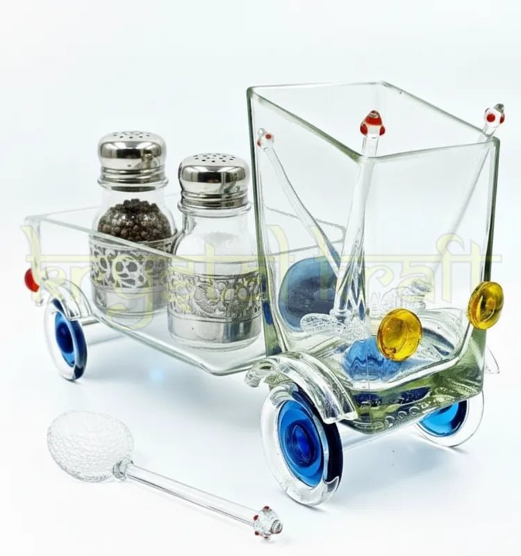 Eco-friendly Merchant’s Marvel Truck serving bowl crafted from a recycled Gold Label whisky bottle – artistic truck design perfect for snacks, dry fruits, or as a decorative centerpiece.
