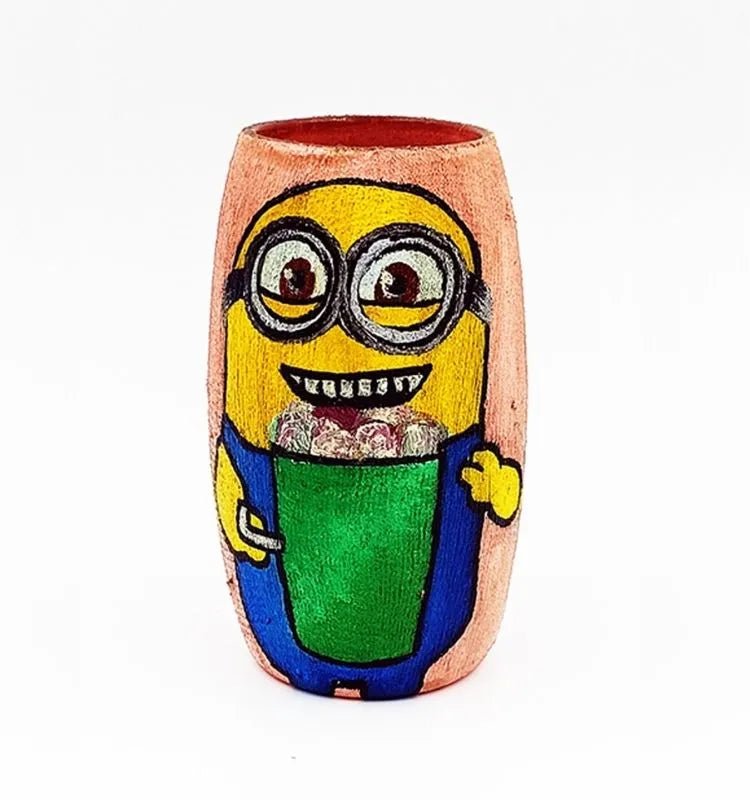 Vibrant upcycled glass bottle art showcasing a Minion with ice cream — hand-painted with colorful acrylics and finished with a transparent Liquitex gloss.