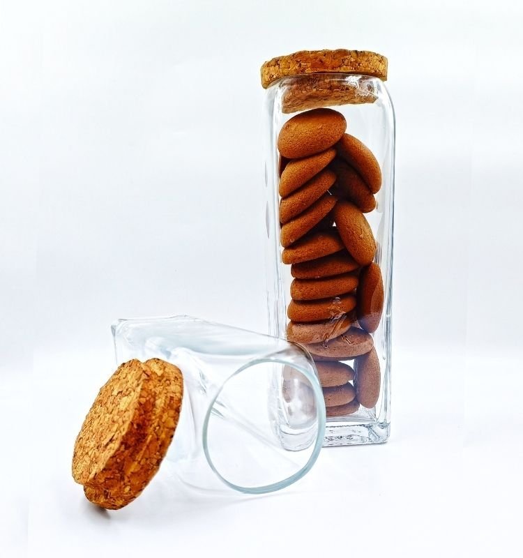 Pair of eco-friendly upcycled Gold Label square jars featuring airtight wooden cork lids and smooth handcrafted glass—perfect for sustainable kitchen organization.