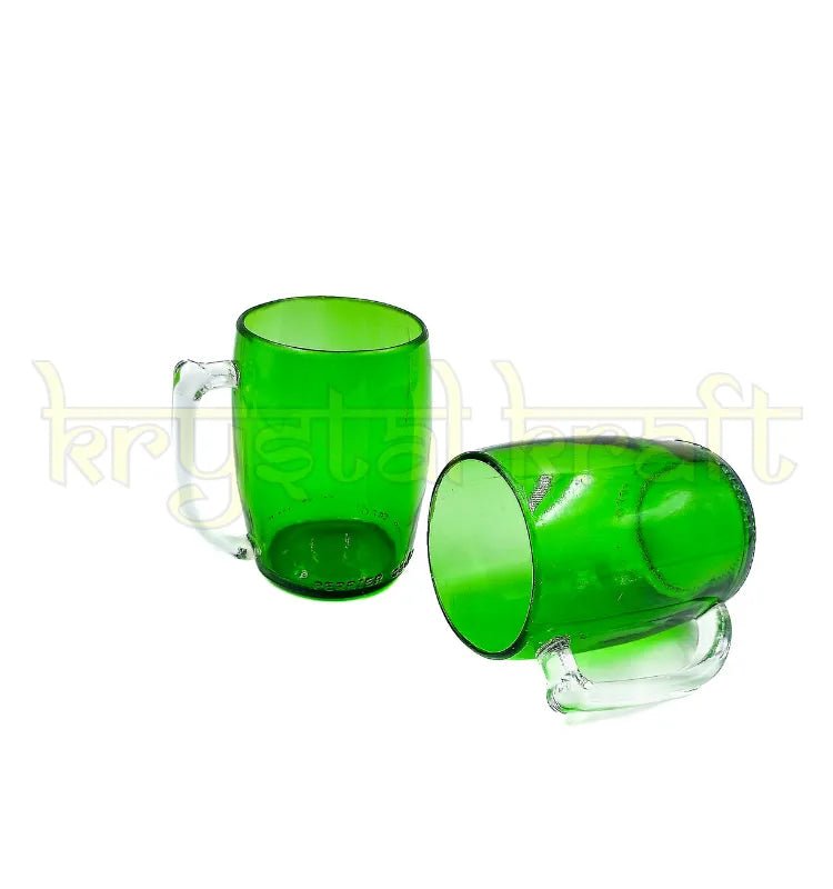 Eco friendly handcrafted green glass mug made from upcycled bottles by Krystal Kraft for artistic home décor and unique gifting.