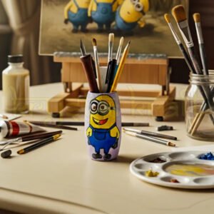 Hand-painted recycled Amul mini bottle featuring a cheerful Bob Minion on a pink base, crafted as an eco-friendly mini vase or pen stand by Krystal Kraft.