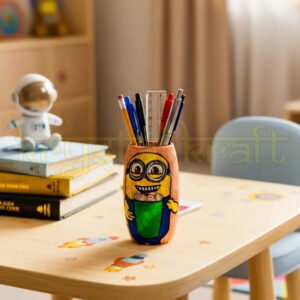 Recycled glass bottle hand-painted with a cute Minion enjoying ice cream on a pink base, crafted by Krystal Kraft as an eco-friendly mini vase or pen stand.
