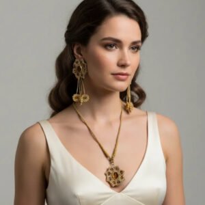 Close-up of the Golden Bloom Tatting Lace Jewelry Set featuring handmade champagne gold chandelier earrings and a matching statement necklace, crafted by artist Shaista Merchant.