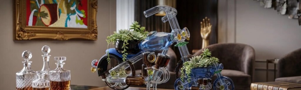 "Luxury handmade eco-friendly glass kitchenware crafted from upcycled bottles by Krystal Kraft featuring sustainable serving platters, premium glassware, and handcrafted home décor."