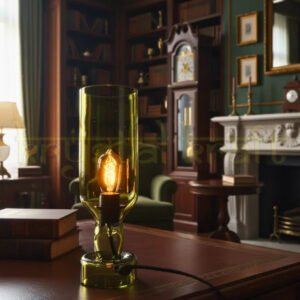 Green Sula Table Top Glass Bottle Lamp by Krystal Kraft — eco-friendly handmade lamp crafted from recycled glass bottles, featuring warm LED cork light for cozy home décor, festival gifting, and sustainable living."
