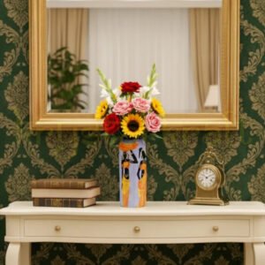 Elegant hand-painted African Lady vase made from a recycled glass bottle, featuring detailed tribal lady artwork and a glossy Liquitex protective finish for lasting beauty.