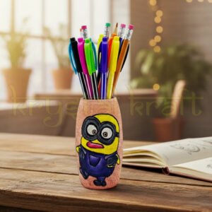 Hand-painted Minion-themed recycled glass bottle with a pink base and blue-yellow accents, designed by Farisa Merchant — a sustainable mini vase or pen stand.