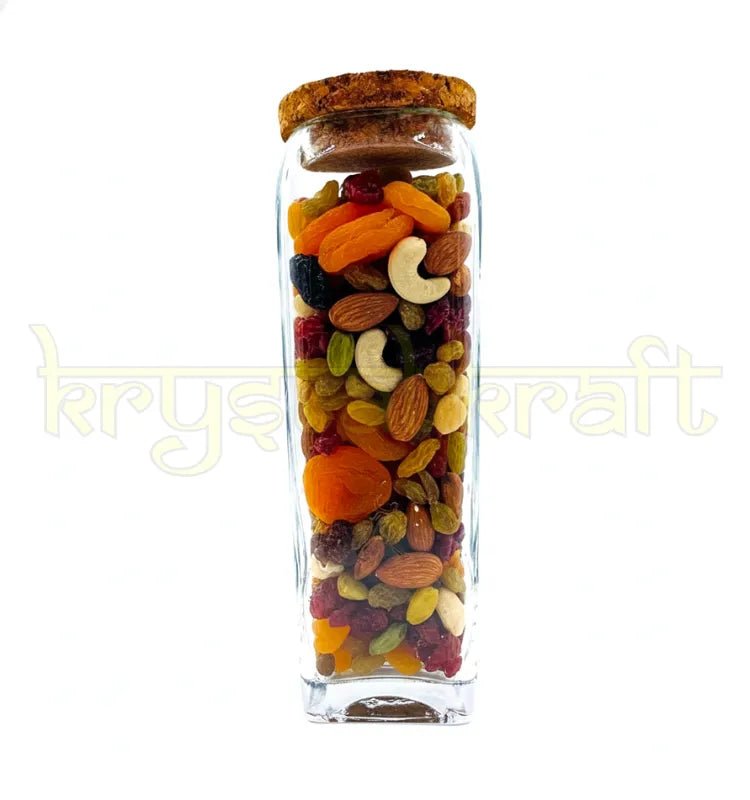 Elegant handcrafted Gold Label square glass jar made from recycled bottles, featuring an airtight cork lid—ideal for storing dry fruits, cookies, pasta, or pulses.
