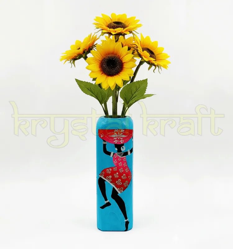 Artistic African Lady Vase made from upcycled glass bottles, hand-painted with acrylics and finished with a clear Liquitex coat — a one-of-a-kind handmade décor accent for homes and gifting.