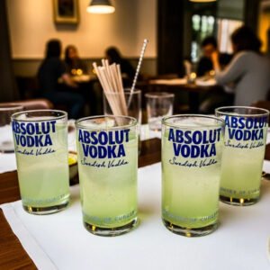 Eco-friendly tumblers handcrafted from recycled Absolut vodka bottles by Krystal Kraft, displayed as a sustainable glassware set of four.
