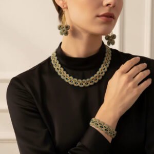 Handcrafted turquoise gold tatting lace necklace, earrings & bracelet by Krystal Kraft