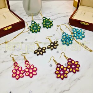Handmade paper quilling earrings set of 5 by Krystal Kraft featuring colorful jhumka and stud designs crafted by artist Farisa Merchant.