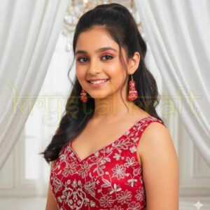Model wearing Artisan Kolhapuri paper quilling earrings styled with traditional Indian outfit, showcasing lightweight sustainable earrings perfect for festivals and weddings.