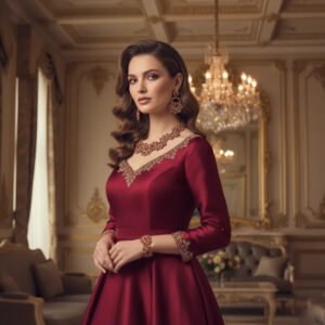Elegant handmade red floral tatting lace jewelry set featuring a necklace, earrings, and bracelet crafted by artist Shaista Merchant for Krystal Kraft.