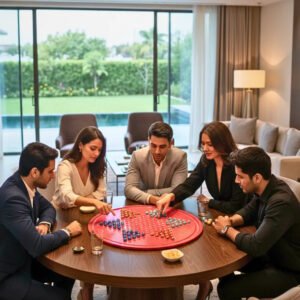 Premium handcrafted 23-inch wooden Chinese Checkers board game with marbles for 2–6 players.