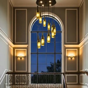Krystal Kraft handmade Sula glass bottle chandelier with 10 pendant lights – eco-friendly upcycled wine bottle lighting for home and restaurant decor