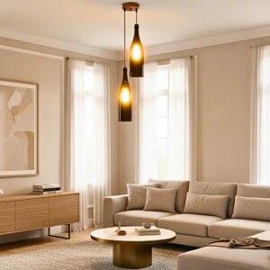 Krystal Kraft vintage glass bottle chandelier made from upcycled wine bottles — eco-friendly hanging ceiling lamp perfect for home, restaurant, and living room décor in India.