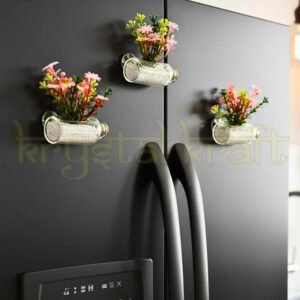 Set of 3 mini glass bottle planter fridge magnets made from repurposed clear glass bottles with faux plants – eco-friendly home décor and sustainable gift idea."