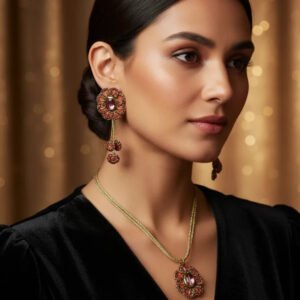 Elegant pink floral tatting lace jewelry set with handmade necklace and earrings crafted by artist Shaista Merchant from Krystal Kraft.