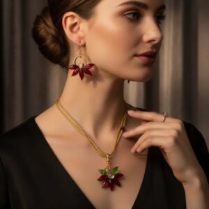 Red floral handcrafted glass earrings and pendant set by Krystal Kraft