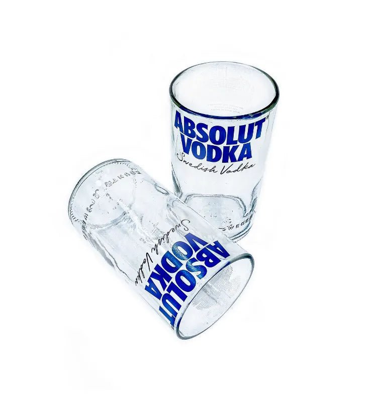 Artisan-crafted upcycled Absolut glassware set showcasing iconic branding and eco-conscious design.