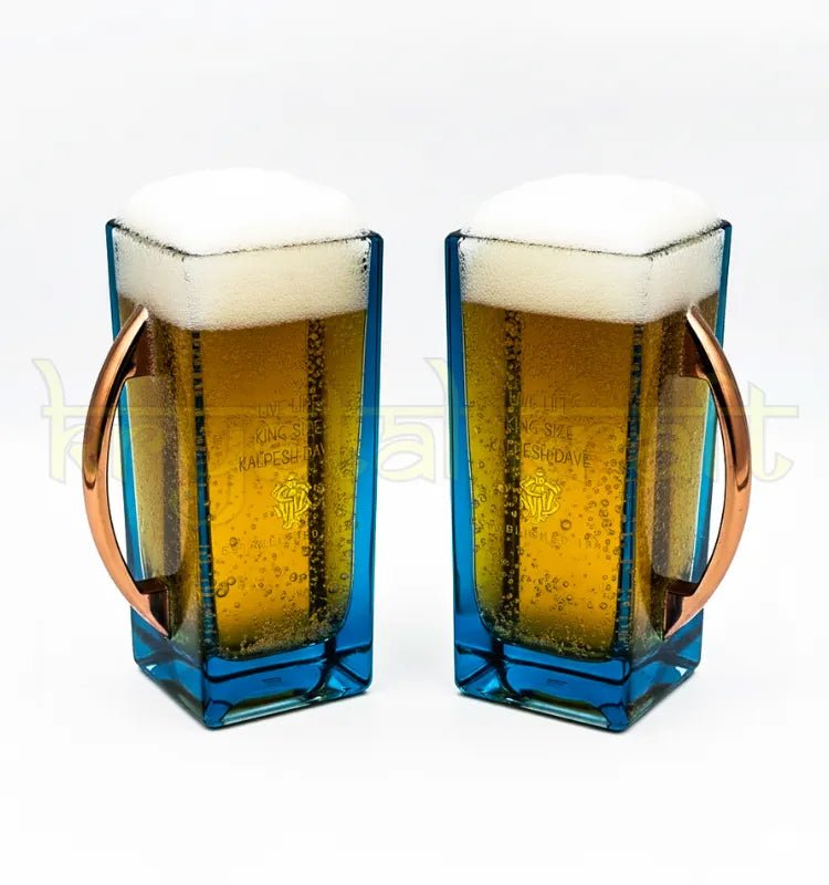 Artisan-crafted upcycled glass mug made from Blue Label bottles, displayed as sustainable drinkware for home or eco gifting.