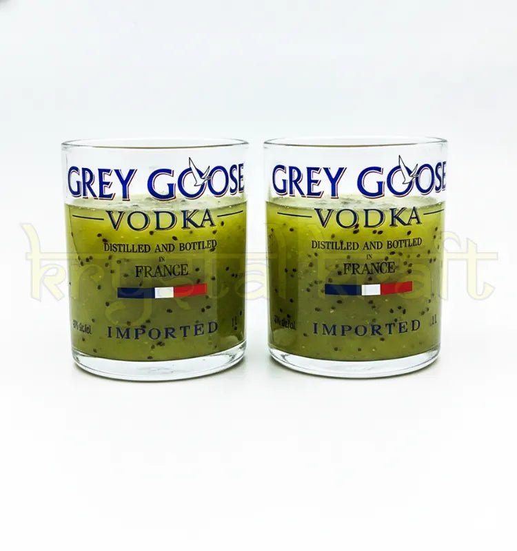 Elegant eco-friendly drinkware made from upcycled Grey Goose glass bottles.