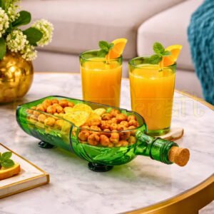 Handmade Tanqueray green platter with two upcycled glasses by Krystal Kraft