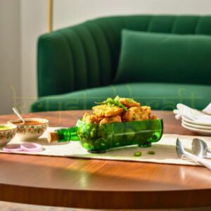 Tanqueray green upcycled bottle platter with two glasses by Krystal Kraft