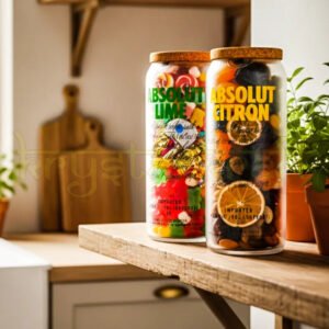 Set of two handcrafted upcycled Absolut Lime and Citron jars featuring original branding and polished finish, perfect for eco-friendly home decor or gifting.
