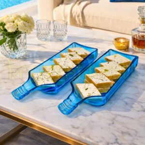 Handcrafted upcycled Bombay Sapphire glass bottle platter set of 2 for serving and gifting.
