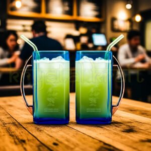 Close-up of two handcrafted upcycled Bombay Sapphire glass mugs made from recycled bottles, featuring unique blue hues and eco-friendly design by Krystal Kraft.