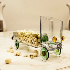 Handcrafted Upcycled Gold Label Glass Bottle Truck by Krystal Kraft, designed by Raees Ahmed Merchant – a sustainable and multifunctional glass art piece perfect as a snack server, candle holder, or floral centerpiece.