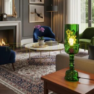 Handcrafted green floral glass bottle table lamp made from upcycled bottle art.