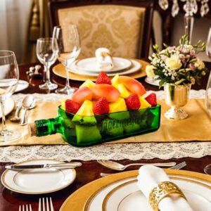A handcrafted serving platter made from an authentic Jägermeister bottle, featuring its signature green color and logo, ideal for serving snacks and appetizers sustainably.