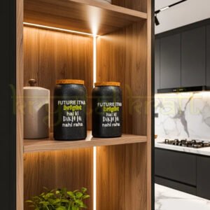 A pair of handcrafted upcycled Jaisalmer bottle jars with cork lids and inspirational quotes, ideal for sustainable kitchen storage or elegant eco-home decor.
