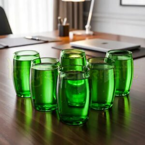 Handcrafted upcycled Perrier glass made from authentic green Perrier bottles with polished rim, eco-friendly sustainable drinkware.