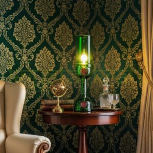 Handcrafted green Tanqueray glass bottle table lamp made by a Vadodara artist.