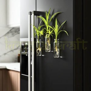 Set of three whimsical mini glass bottle fridge magnets with colorful faux floral arrangements, used as eco-friendly magnetic planters for stylish kitchen and home décor.