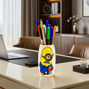 Handcrafted recycled glass bottle featuring a playful Workaholic Minion painting on a pink base with blue and yellow acrylic details — an eco-friendly décor accent by Krystal Kraft.